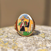14K ChampleveEnamel Cigar Band Ring, Colorful Scene Of Man & Alpaca, Men's Pinky Ring, Size 4 1/4 US