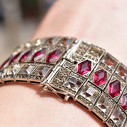 French Art Deco Sterling Silver Ruby Paste Bracelet, Wide Articulated Link Cuff, Estate Jewelry, 6 3/4" L