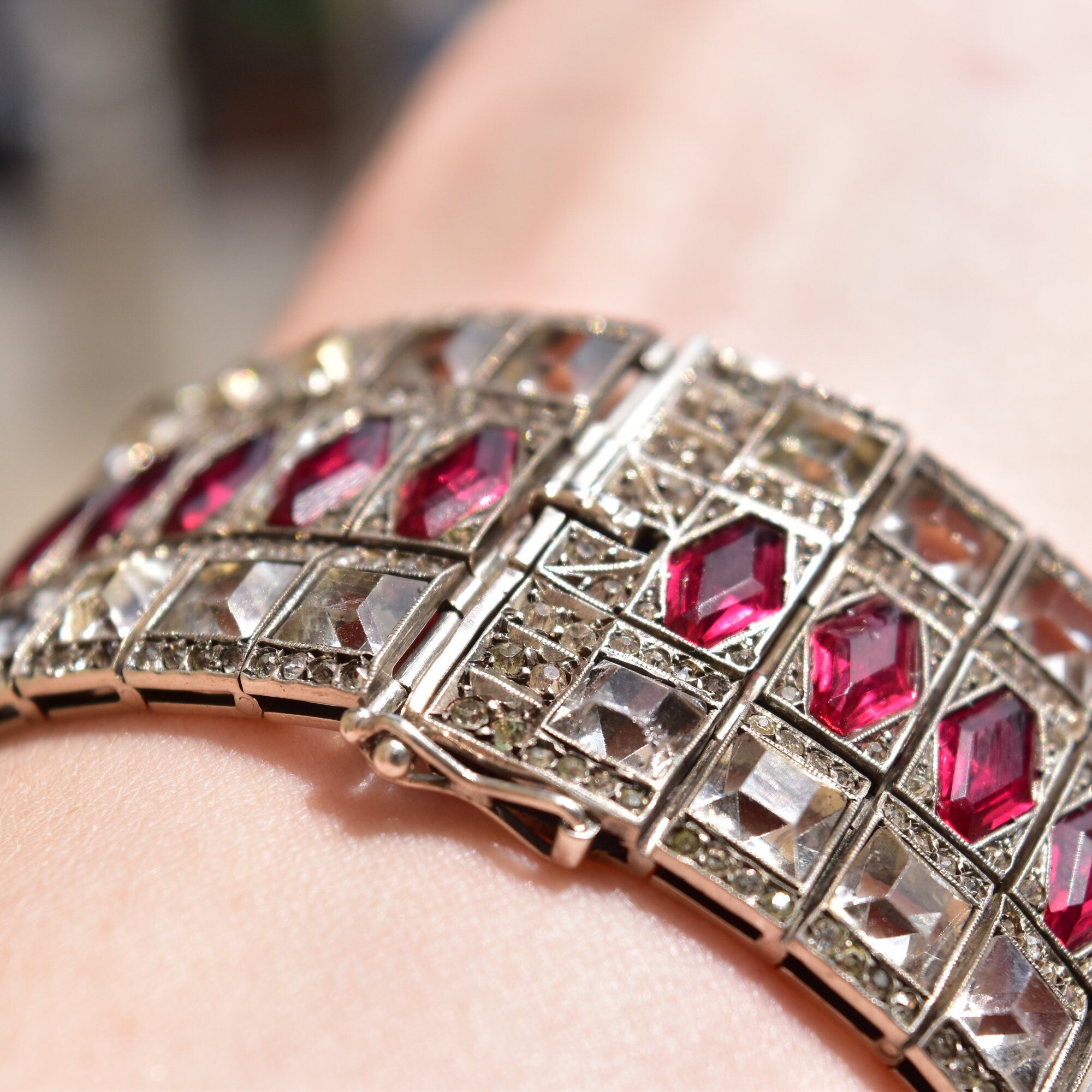 French Art Deco Sterling Silver Ruby Paste Bracelet, Wide Articulated Link Cuff, Estate Jewelry, 6 3/4" L