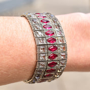 French Art Deco Sterling Silver Ruby Paste Bracelet, Wide Articulated Link Cuff, Estate Jewelry, 6 3/4" L