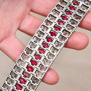 French Art Deco Sterling Silver Ruby Paste Bracelet, Wide Articulated Link Cuff, Estate Jewelry, 6 3/4" L
