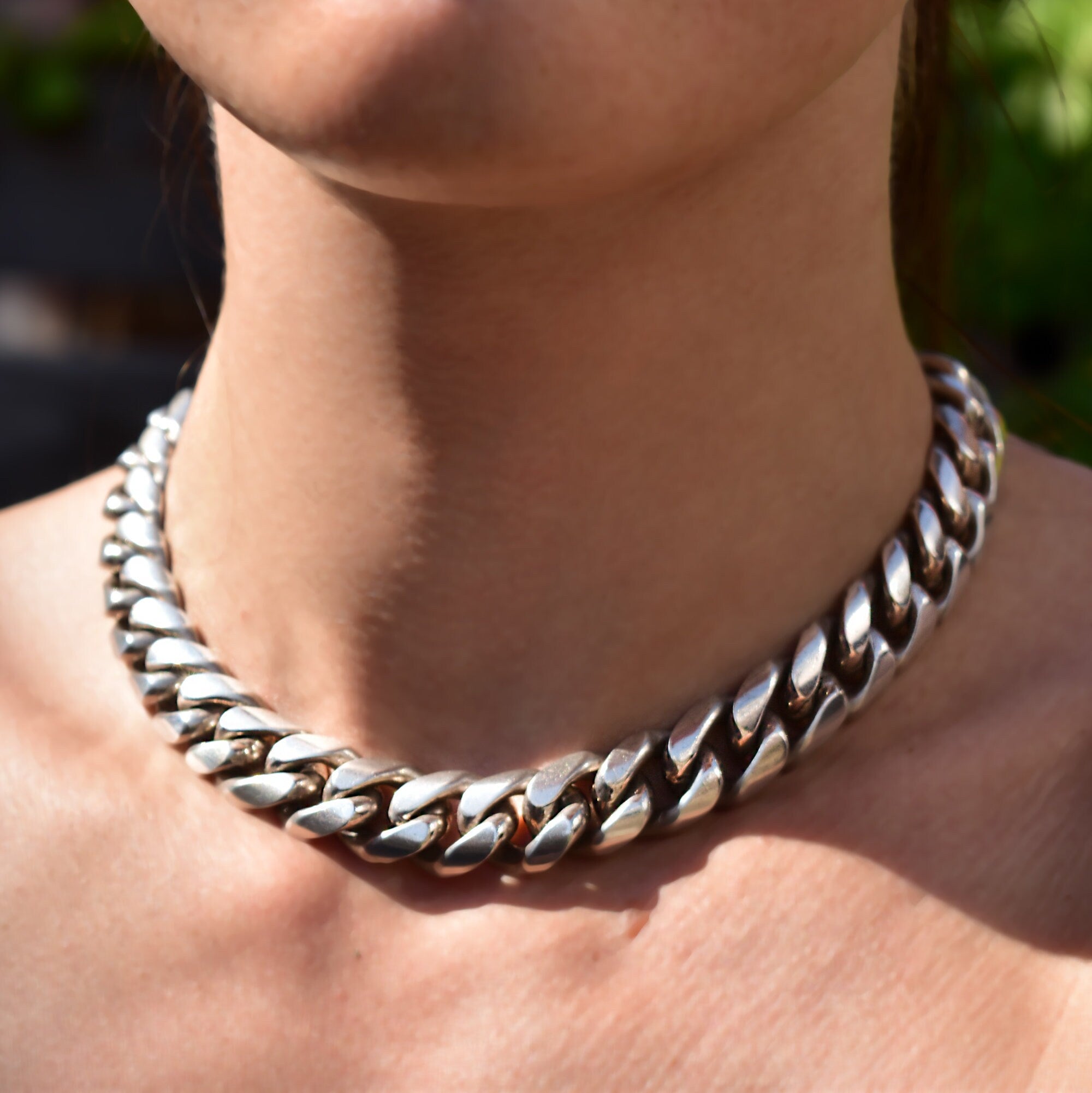 TAXCO Solid Sterling Silver Cuban Link Choker Necklace, Thick Chunky Chain Link Collar Necklace, 15" L