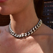TAXCO Solid Sterling Silver Cuban Link Choker Necklace, Thick Chunky Chain Link Collar Necklace, 15" L