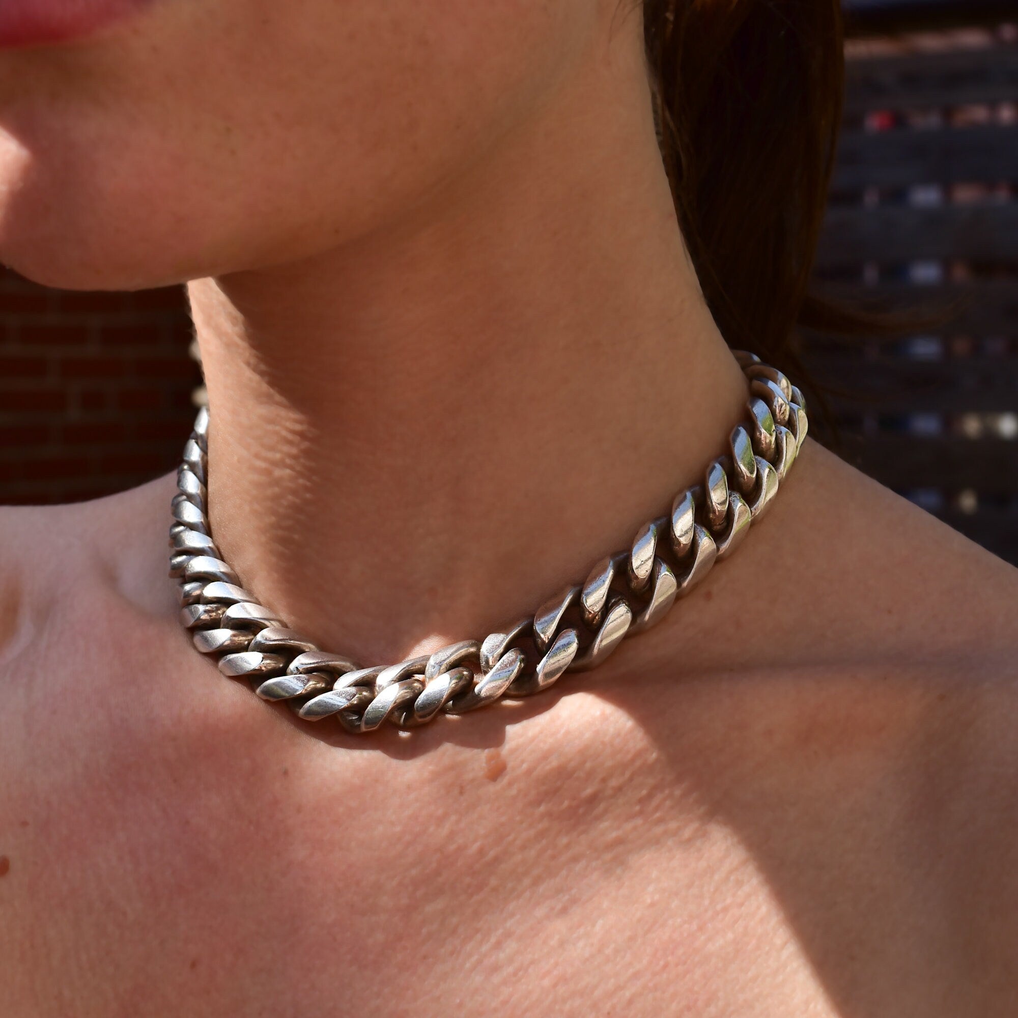 TAXCO Solid Sterling Silver Cuban Link Choker Necklace, Thick Chunky Chain Link Collar Necklace, 15" L