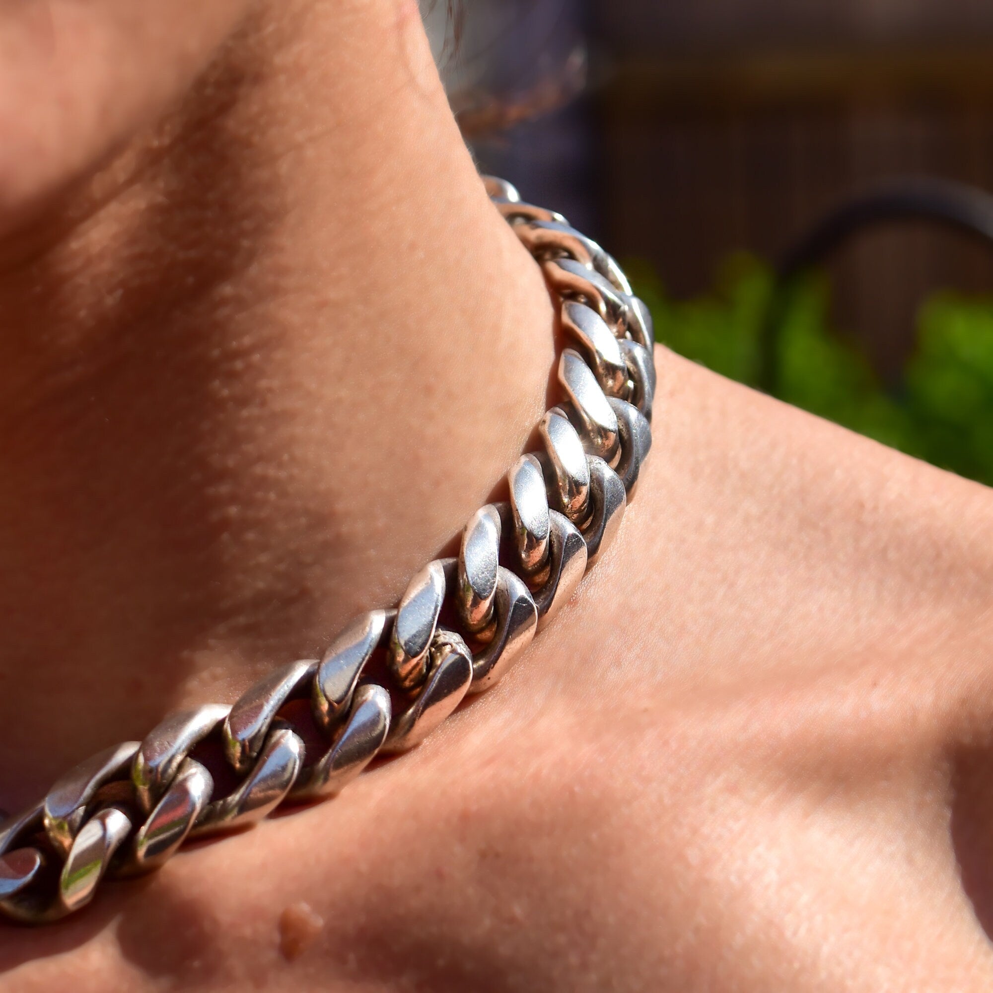 TAXCO Solid Sterling Silver Cuban Link Choker Necklace, Thick Chunky Chain Link Collar Necklace, 15" L
