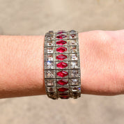 French Art Deco Sterling Silver Ruby Paste Bracelet, Wide Articulated Link Cuff, Estate Jewelry, 6 3/4" L