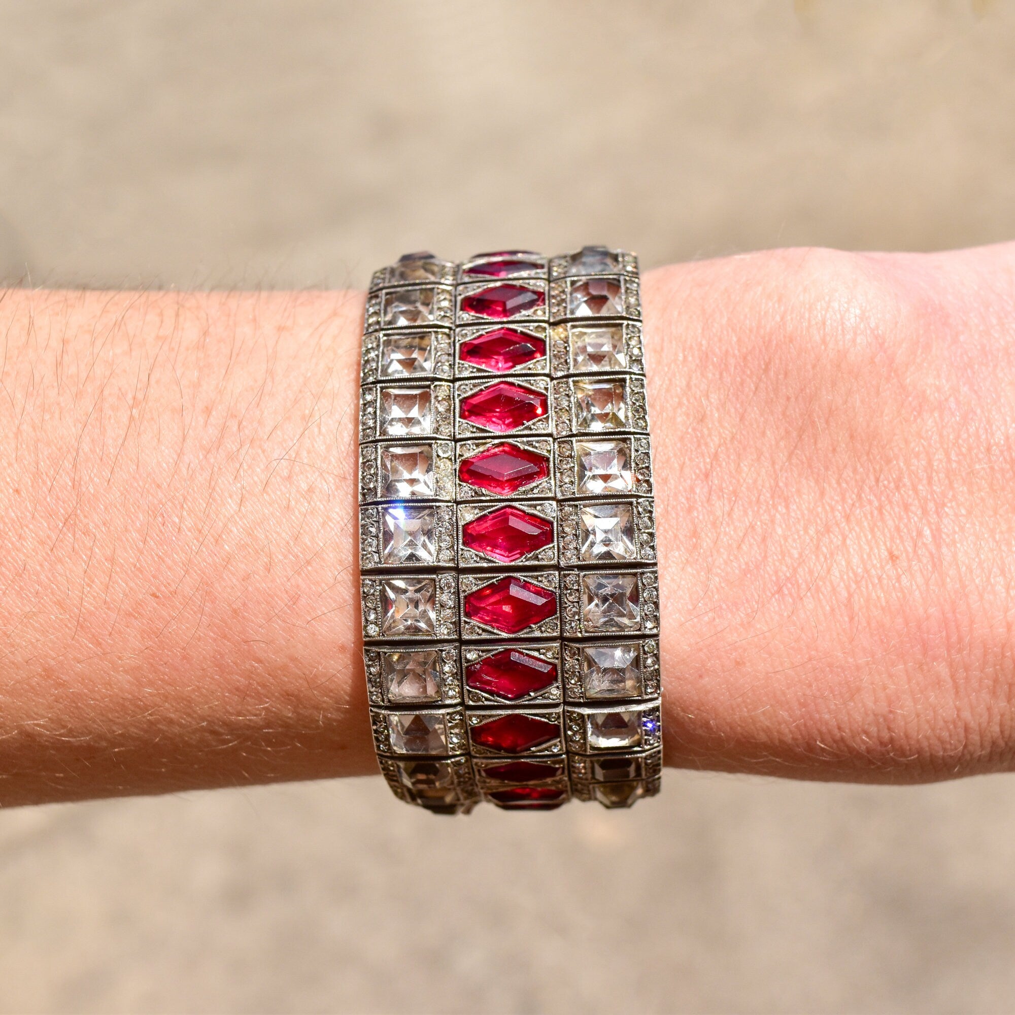 French Art Deco Sterling Silver Ruby Paste Bracelet, Wide Articulated Link Cuff, Estate Jewelry, 6 3/4" L