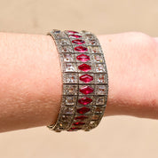 French Art Deco Sterling Silver Ruby Paste Bracelet, Wide Articulated Link Cuff, Estate Jewelry, 6 3/4" L
