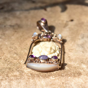 SAJEN Sterling Silver Carved Bone Cameo Pendant W/ Amethyst, Moonstone & Shell, Art Nouveau Revival, 3 1/8"