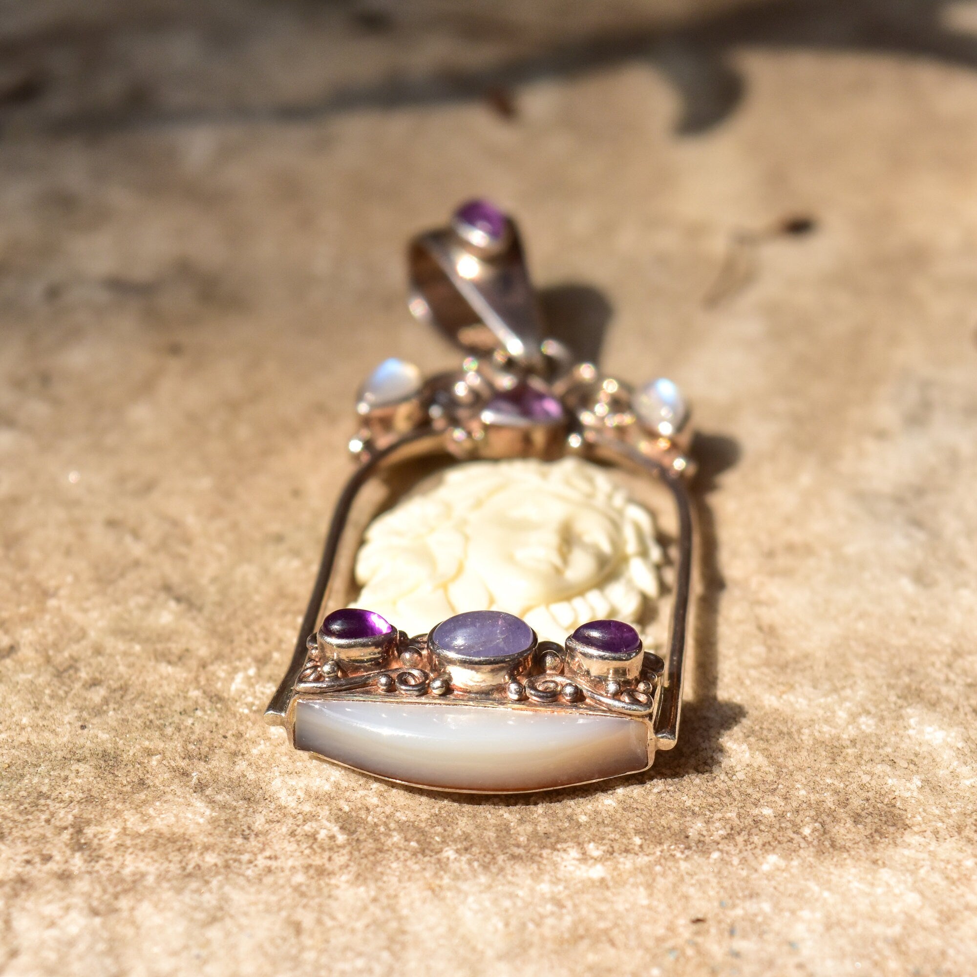 SAJEN Sterling Silver Carved Bone Cameo Pendant W/ Amethyst, Moonstone & Shell, Art Nouveau Revival, 3 1/8"