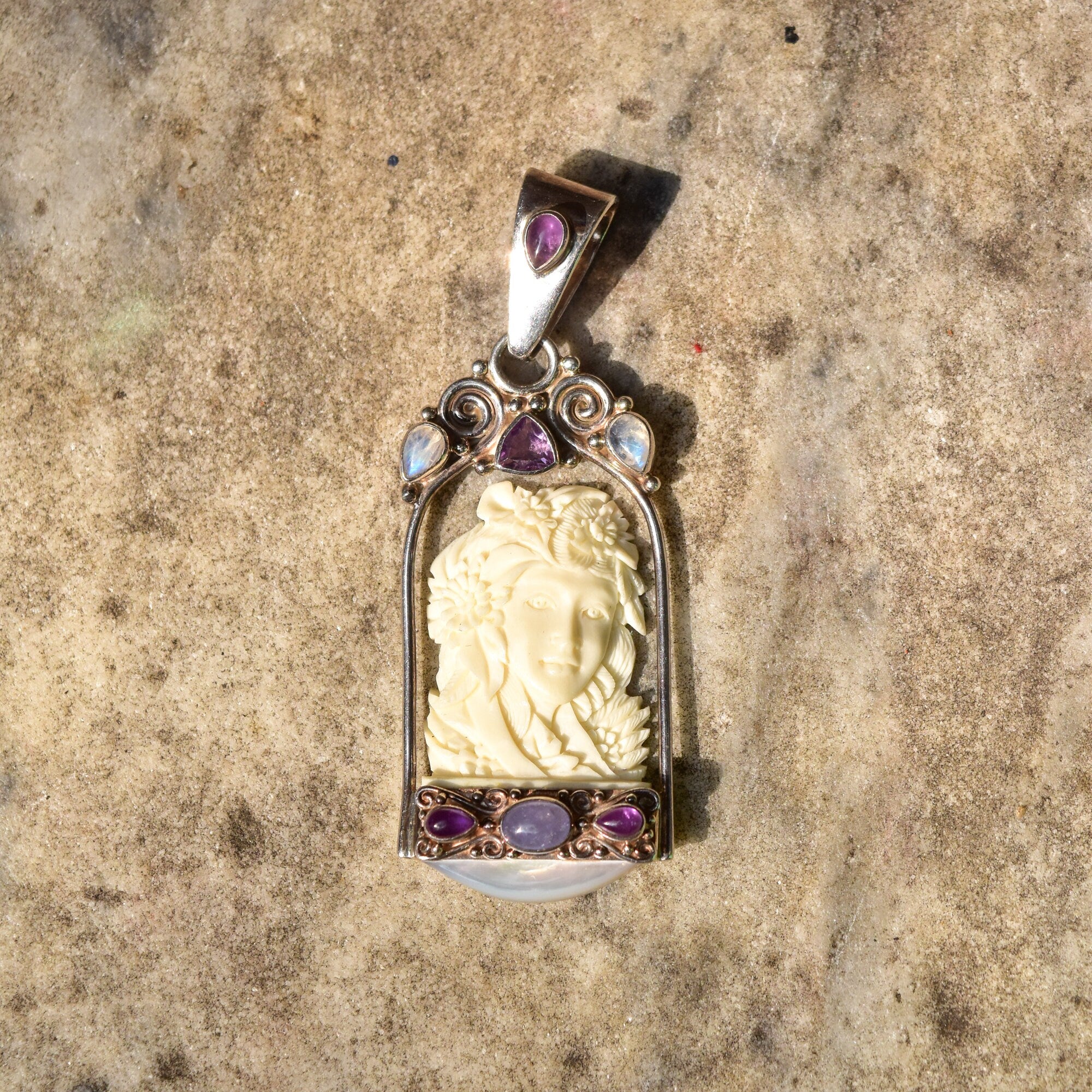 SAJEN Sterling Silver Carved Bone Cameo Pendant W/ Amethyst, Moonstone & Shell, Art Nouveau Revival, 3 1/8"