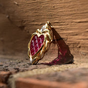 14K Ruby Glass Heart Pendant In Yellow Gold, White Gold Diamond Accents, Grid Pattern, Estate Jewelry, 37mm
