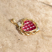 14K Ruby Glass Heart Pendant In Yellow Gold, White Gold Diamond Accents, Grid Pattern, Estate Jewelry, 37mm