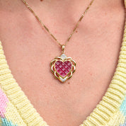 14K Ruby Glass Heart Pendant In Yellow Gold, White Gold Diamond Accents, Grid Pattern, Estate Jewelry, 37mm