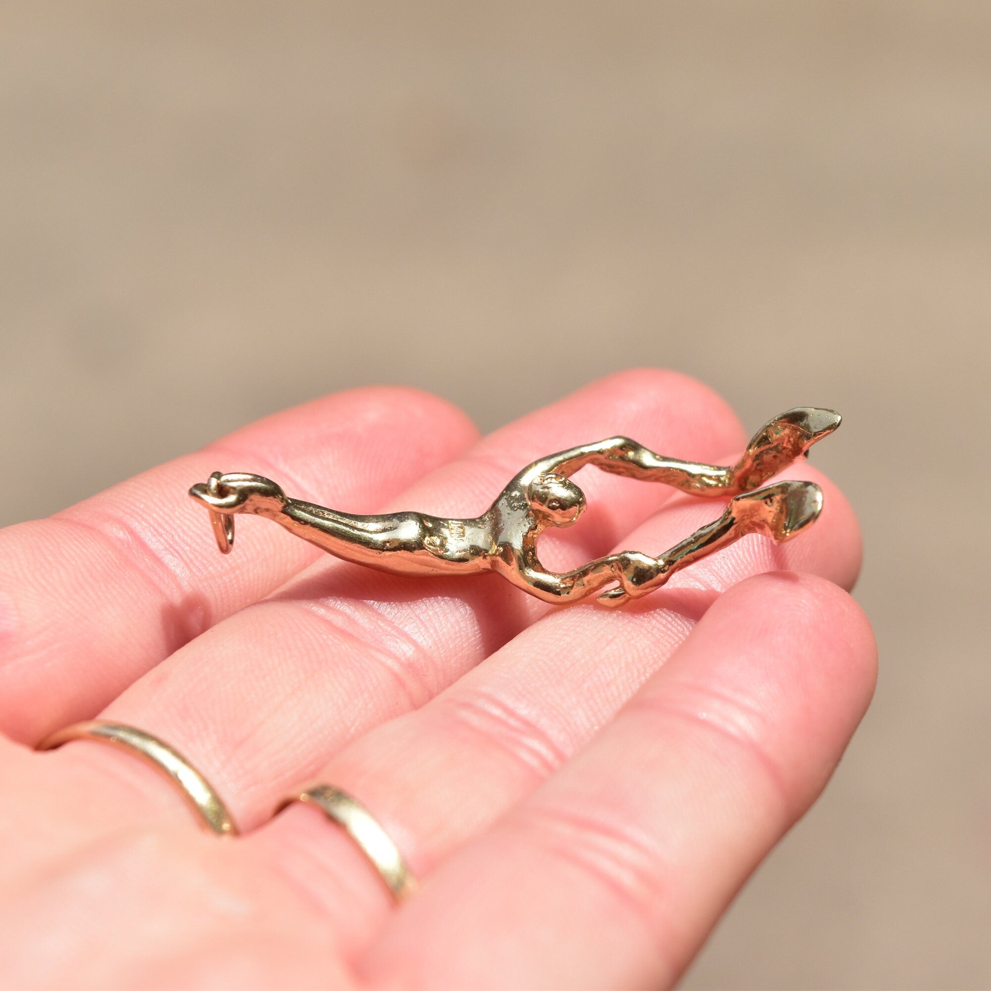 Solid 14K Flying Trapeze Acrobat Pendant, Sculpted Yellow Gold Figural Pendant/Charm, Estate Jewelry, 3 1/8" L