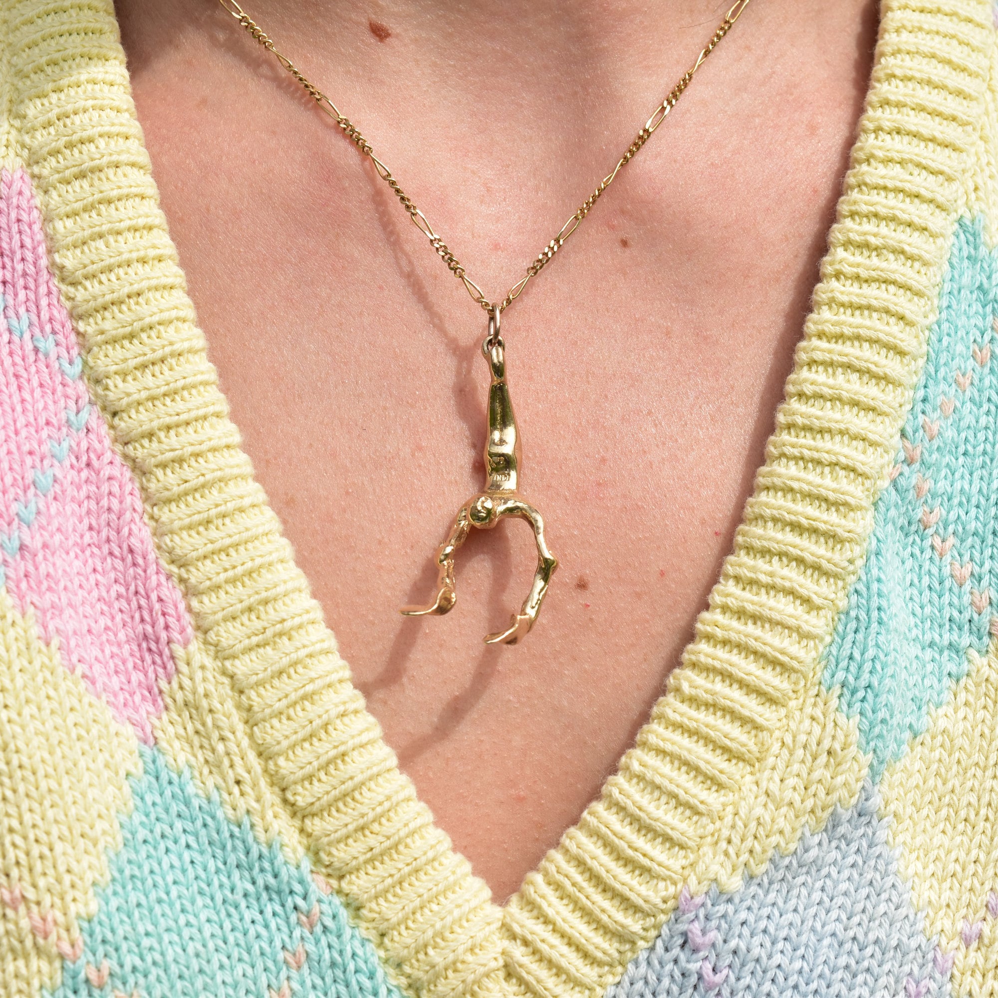 Solid 14K Flying Trapeze Acrobat Pendant, Sculpted Yellow Gold Figural Pendant/Charm, Estate Jewelry, 3 1/8" L