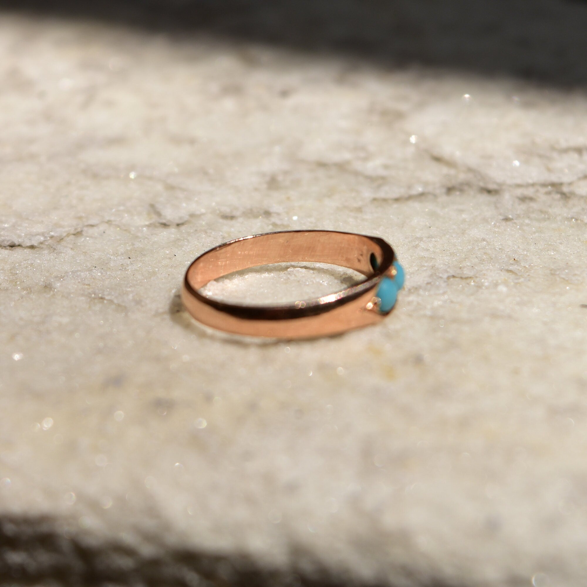 Victorian 14K Rose Gold Turquoise Seed Ring, 3-Stone Band Ring, Estate Jewelry, 7 US