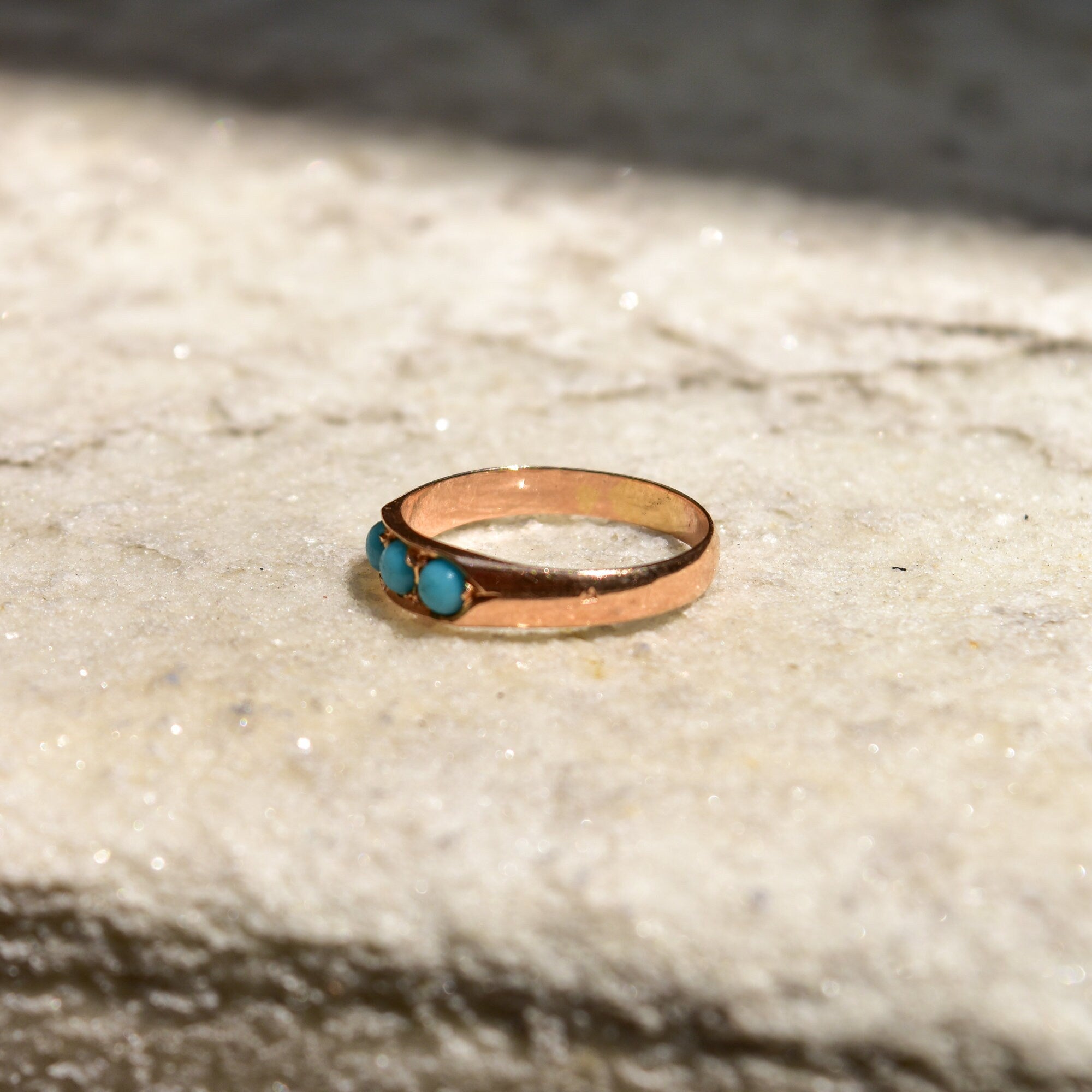 Victorian 14K Rose Gold Turquoise Seed Ring, 3-Stone Band Ring, Estate Jewelry, 7 US