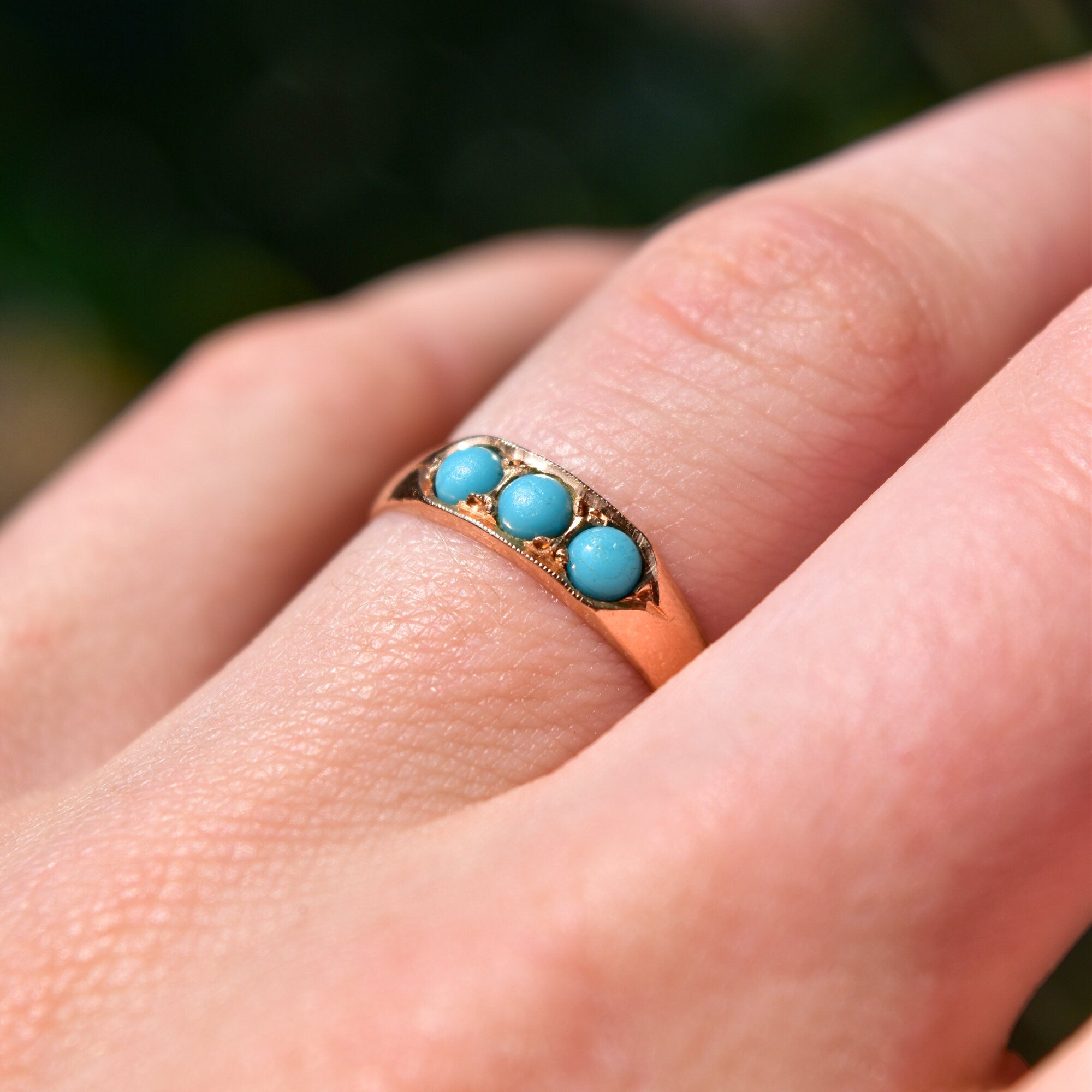 Victorian 14K Rose Gold Turquoise Seed Ring, 3-Stone Band Ring, Estate Jewelry, 7 US