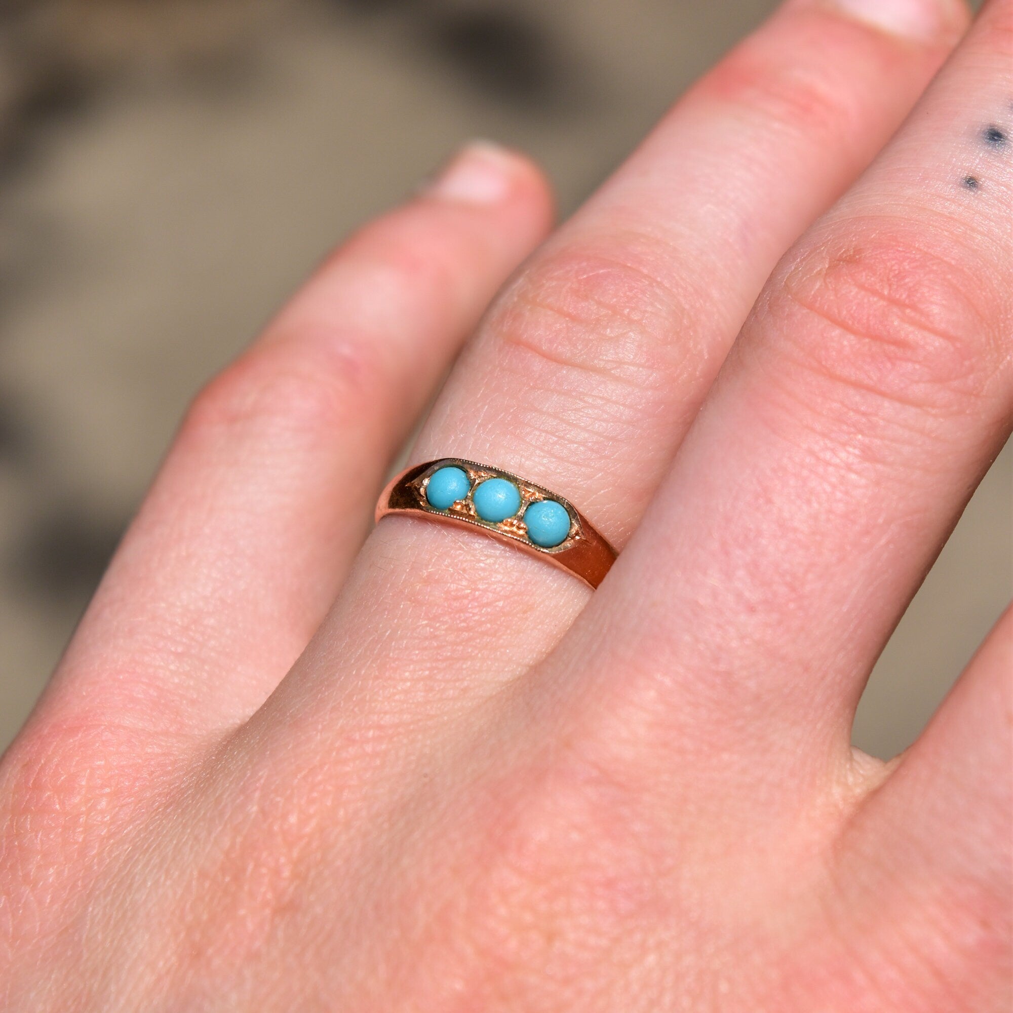 Victorian 14K Rose Gold Turquoise Seed Ring, 3-Stone Band Ring, Estate Jewelry, 7 US