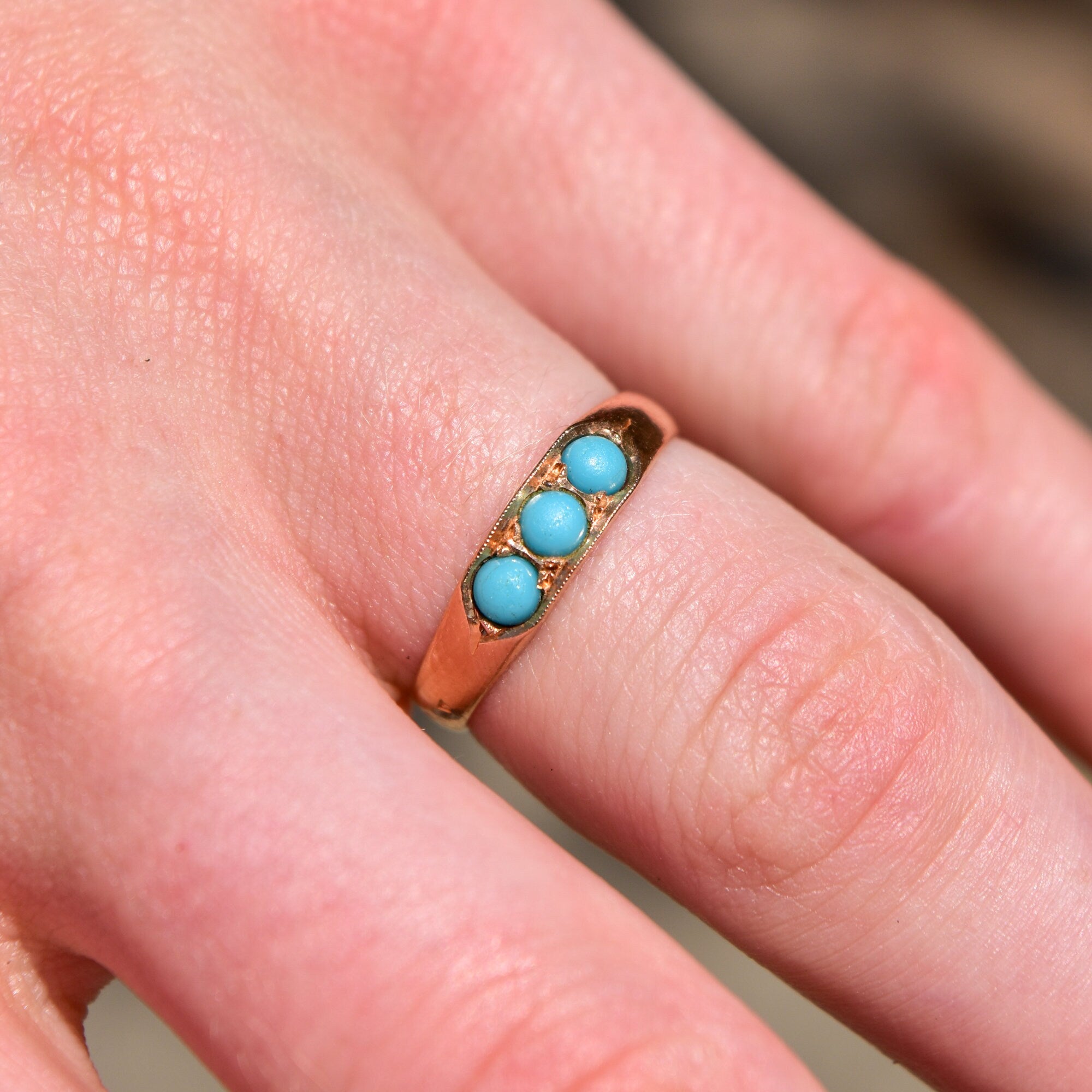 Victorian 14K Rose Gold Turquoise Seed Ring, 3-Stone Band Ring, Estate Jewelry, 7 US