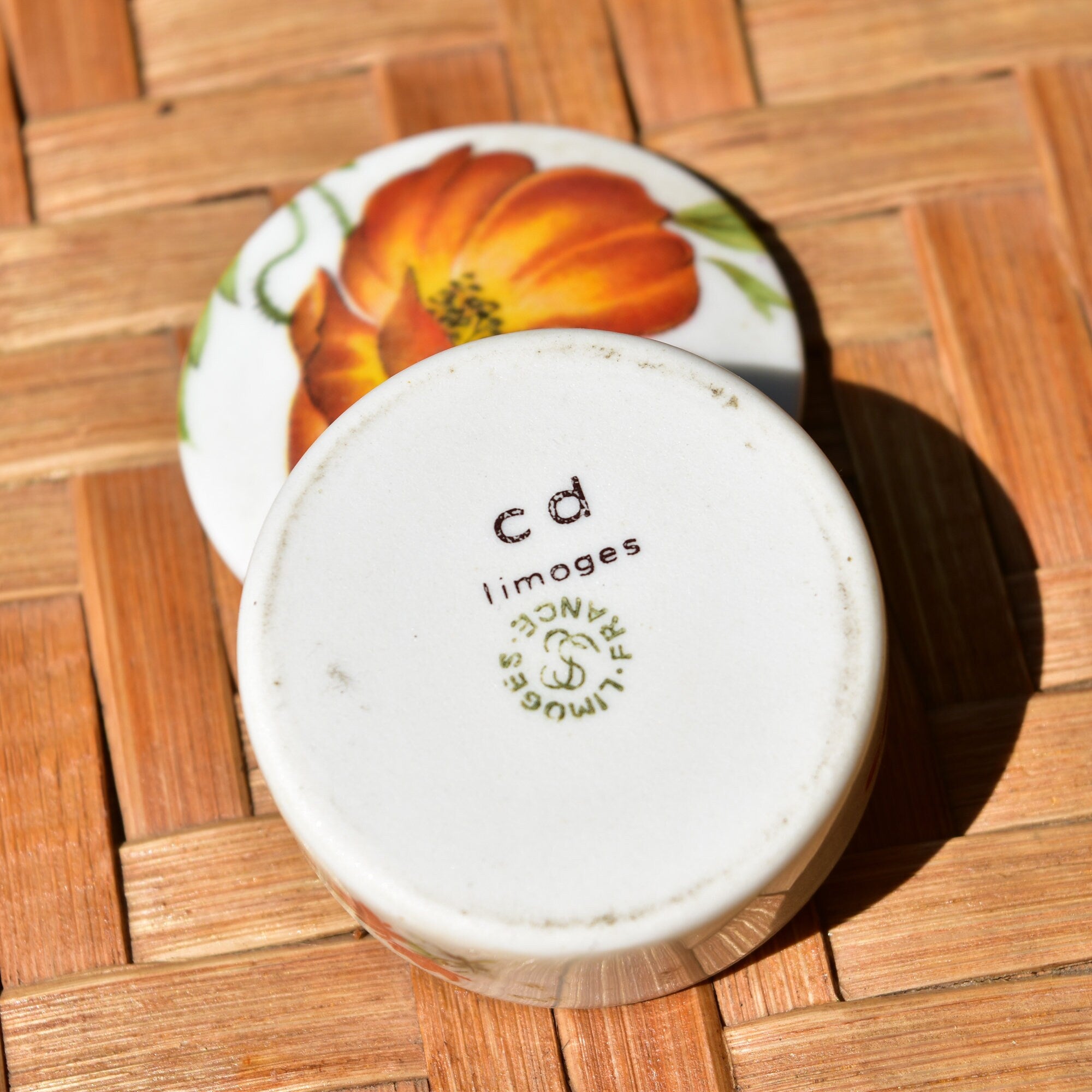 Limoges France Porcelain Poppy Flower Round Lidded Box, Small Cute Floral Trinket Box, 2" H