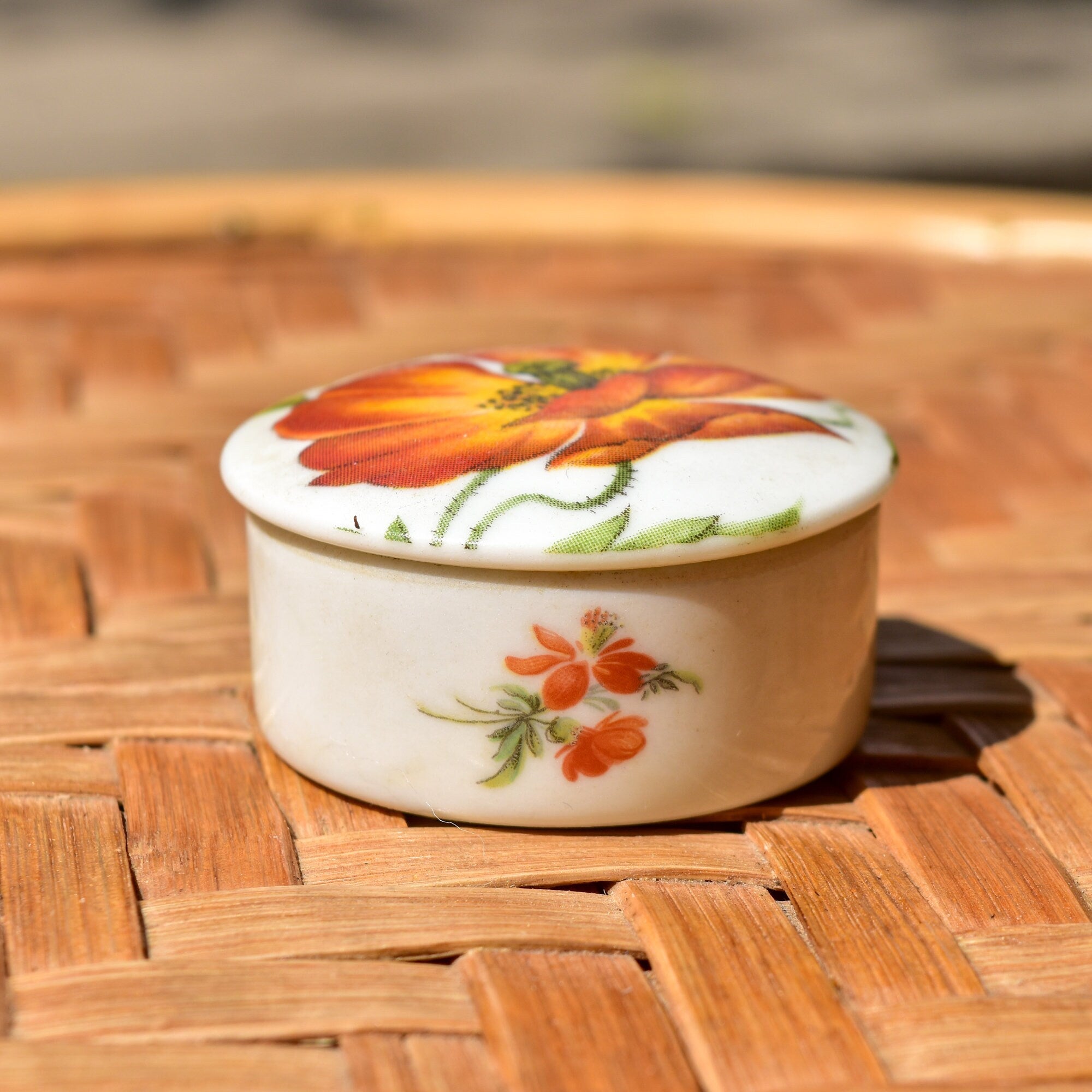 Limoges France Porcelain Poppy Flower Round Lidded Box, Small Cute Floral Trinket Box, 2" H