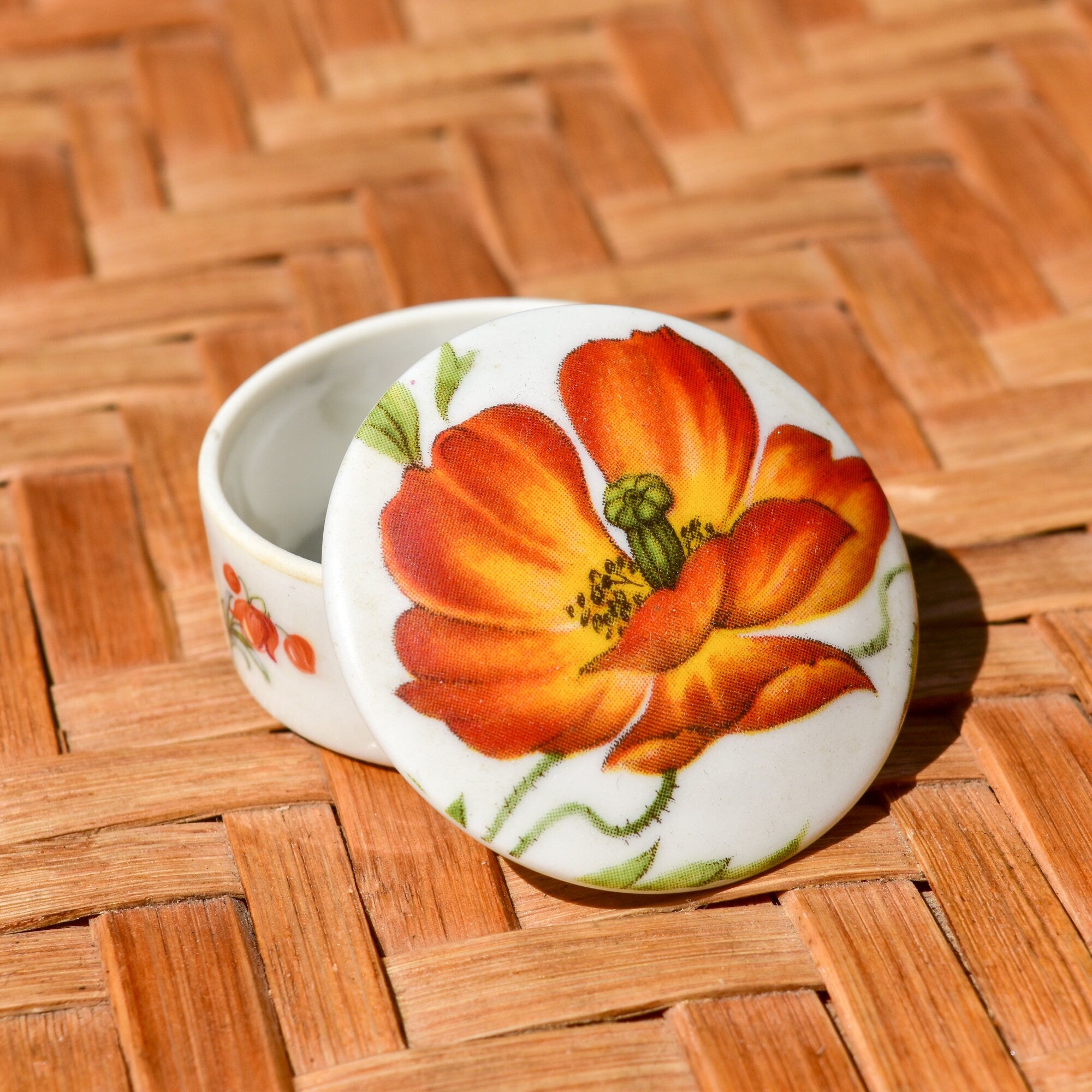 Limoges France Porcelain Poppy Flower Round Lidded Box, Small Cute Floral Trinket Box, 2" H
