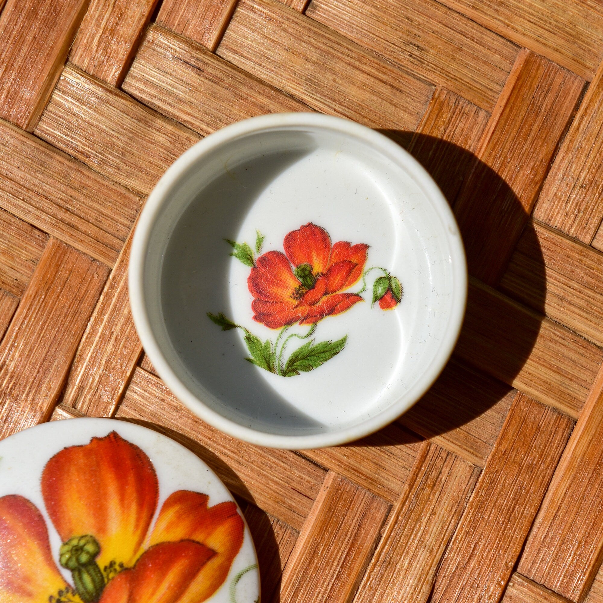 Limoges France Porcelain Poppy Flower Round Lidded Box, Small Cute Floral Trinket Box, 2" H