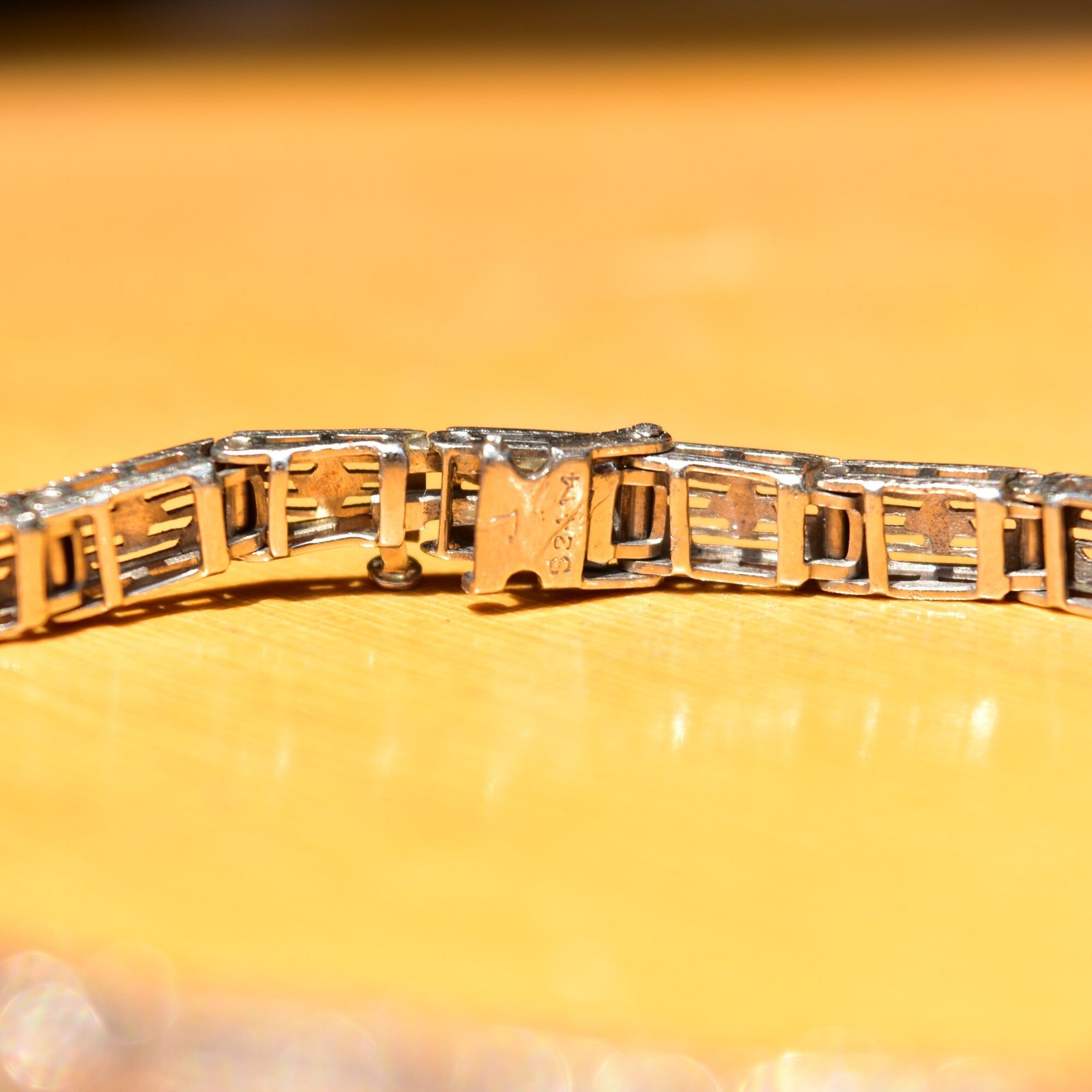 Art Deco Edwardian 14K White Gold Filigree Diamond Ruby Link Bracelet, Estate Jewelry, 7 1/4" L