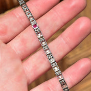 Art Deco Edwardian 14K White Gold Filigree Diamond Ruby Link Bracelet, Estate Jewelry, 7 1/4" L