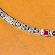 Art Deco Edwardian 14K White Gold Filigree Diamond Ruby Link Bracelet, Estate Jewelry, 7 1/4" L