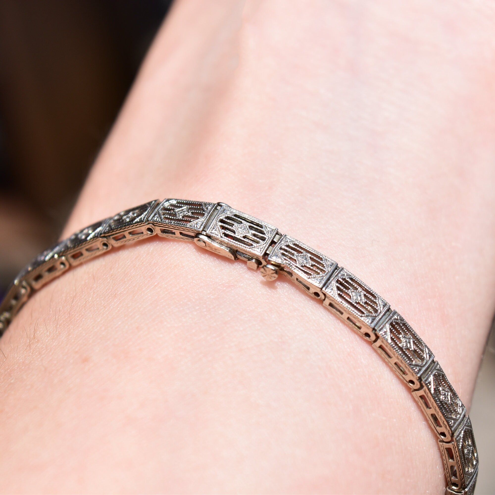 Art Deco Edwardian 14K White Gold Filigree Diamond Ruby Link Bracelet, Estate Jewelry, 7 1/4" L