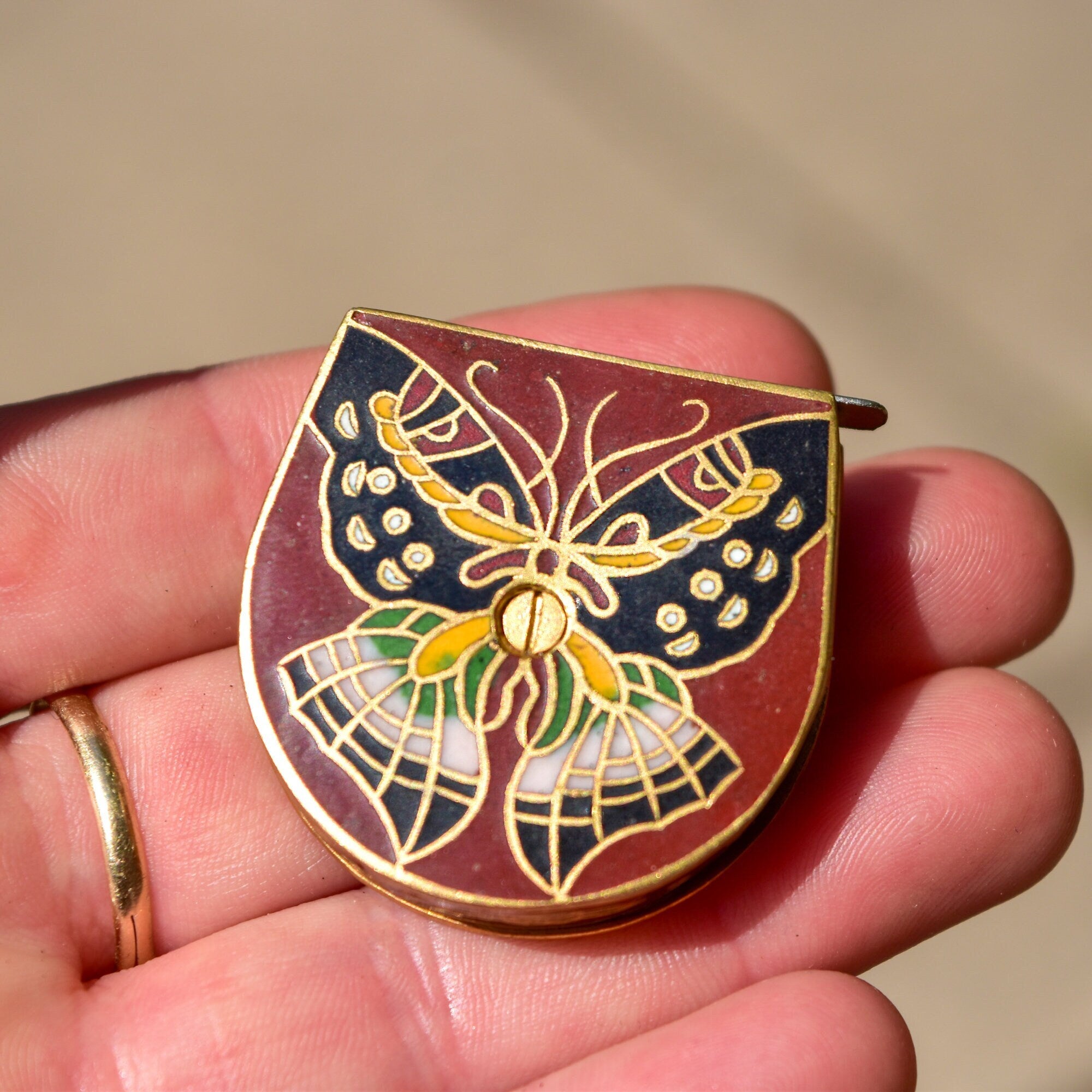 Cloisonn Butterfly Mini Tape Measure, Brass Enamel Inlay, 100cm Measuring Tape