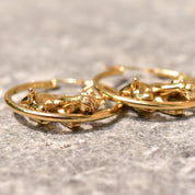 14K Yellow Gold Cat Hoop Earrings, Playing Cat Circle Tube Hoops, Estate Jewelry, 30mm