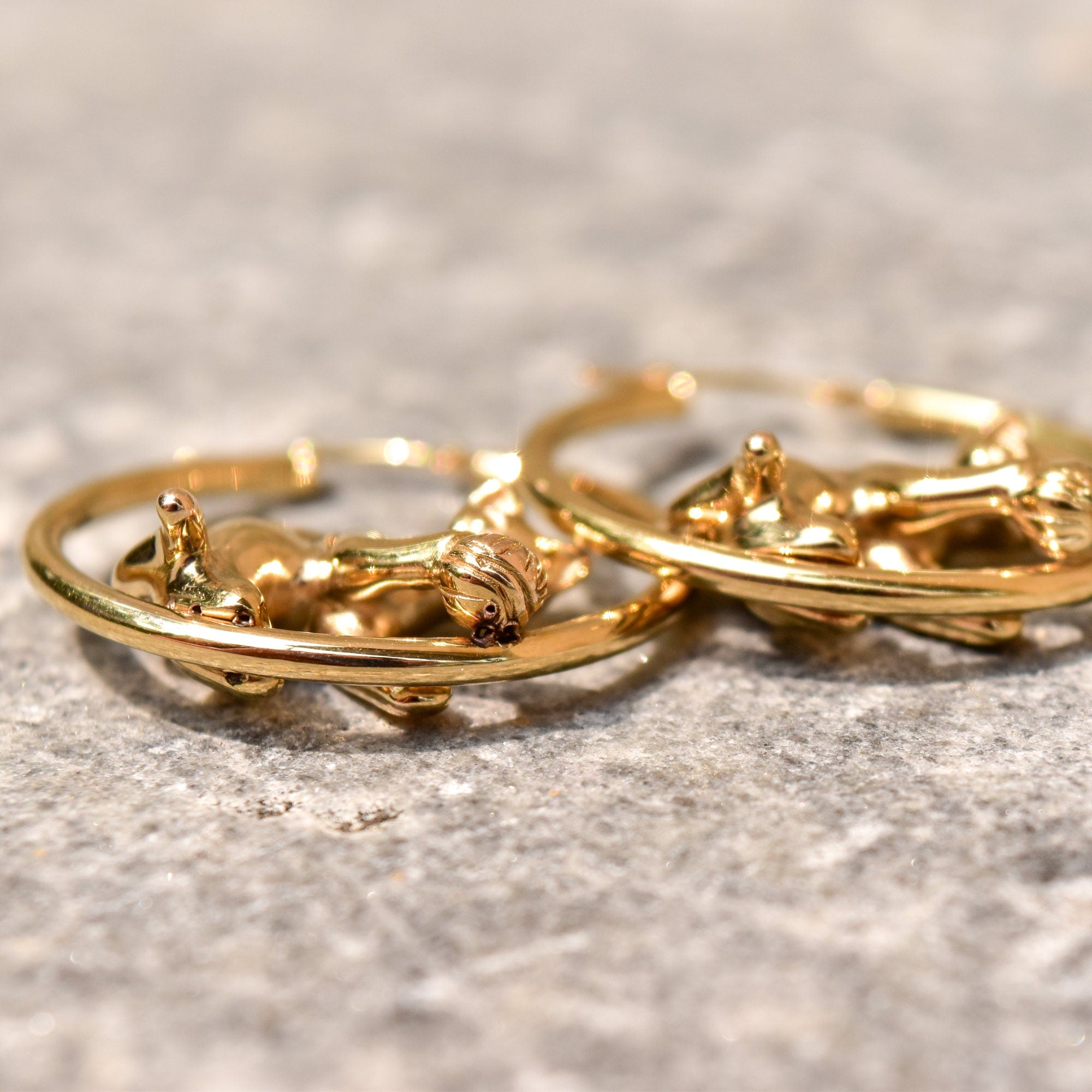 14K Yellow Gold Cat Hoop Earrings, Playing Cat Circle Tube Hoops, Estate Jewelry, 30mm