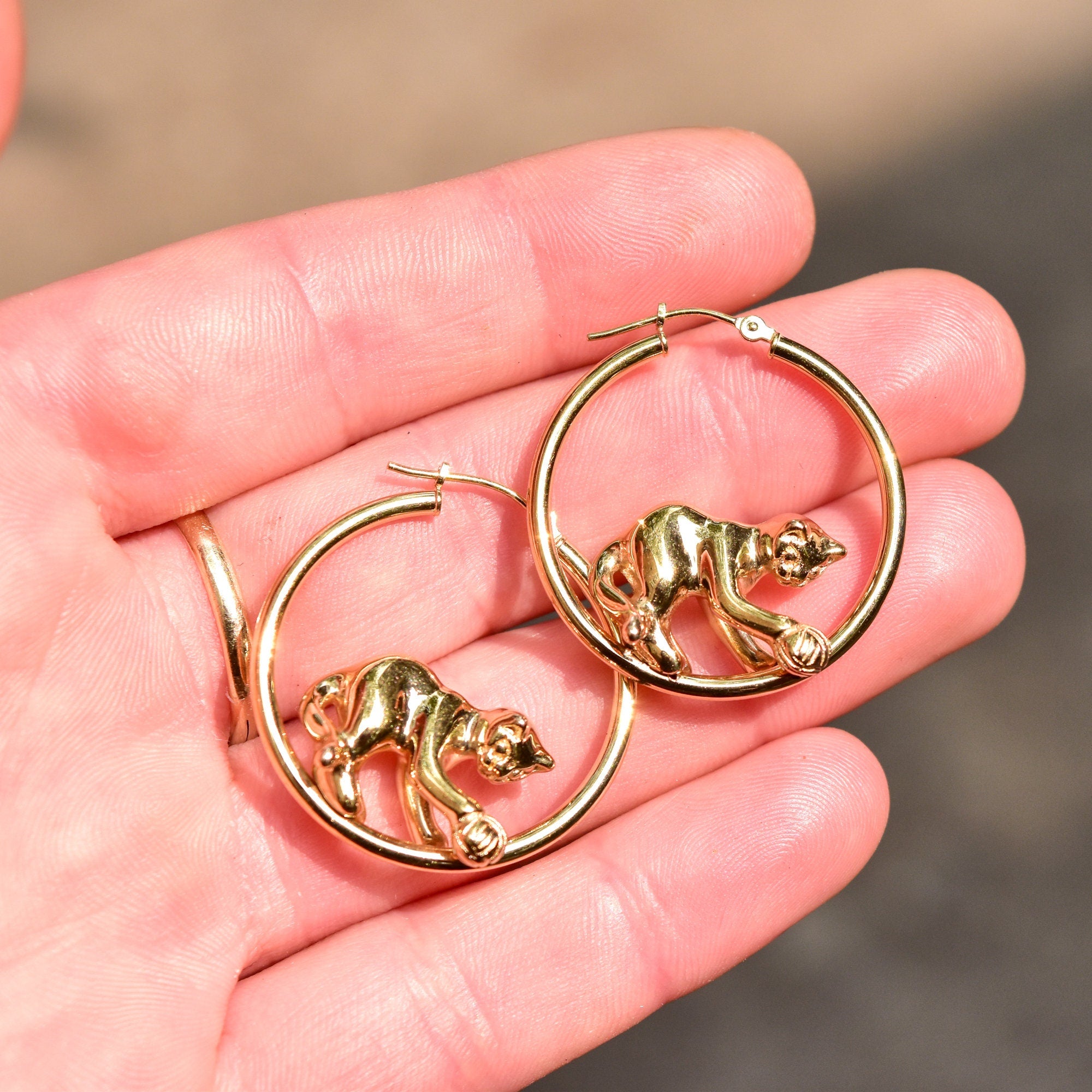 14K Yellow Gold Cat Hoop Earrings, Playing Cat Circle Tube Hoops, Estate Jewelry, 30mm
