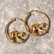 14K Yellow Gold Cat Hoop Earrings, Playing Cat Circle Tube Hoops, Estate Jewelry, 30mm