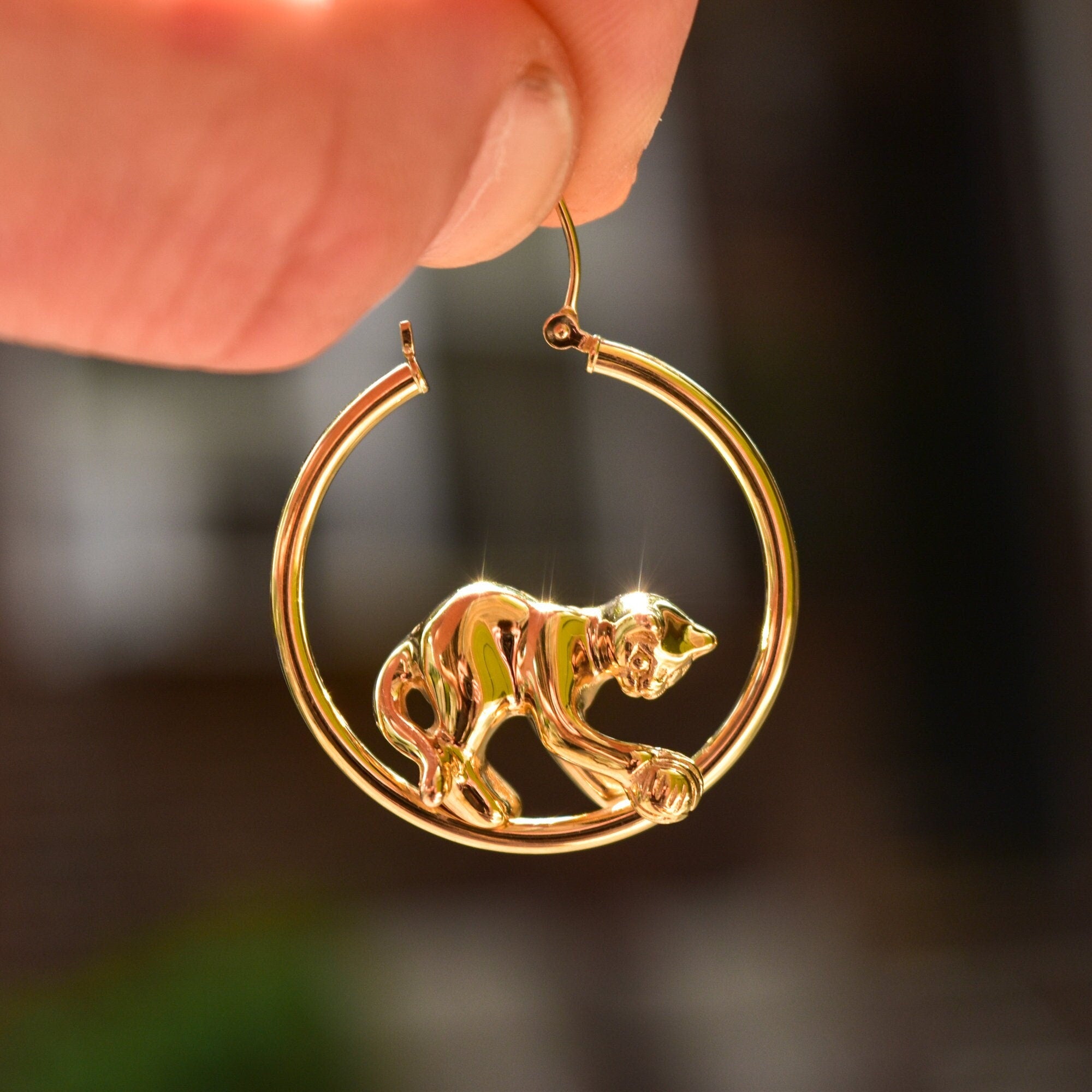 14K Yellow Gold Cat Hoop Earrings, Playing Cat Circle Tube Hoops, Estate Jewelry, 30mm