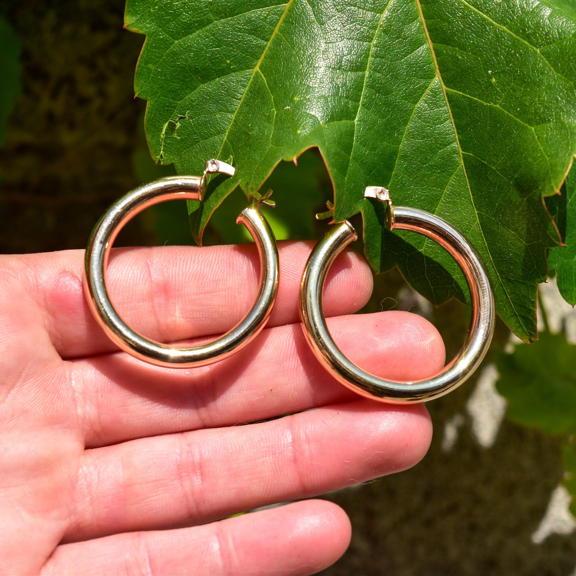 10K Yellow Gold Plated Tube Hoops, Medium Circle Hoop Earrings, 38mm