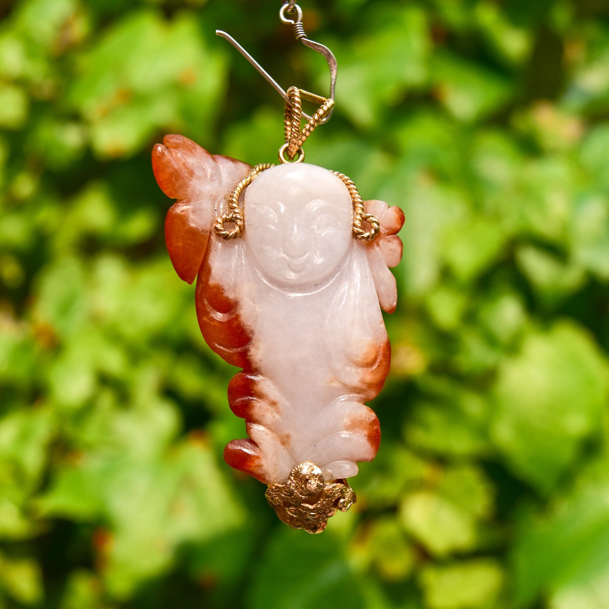 14K Carved Red Jade Buddha Pendant, Yellow Gold Wire Wrapping, Natural Jade Pendant,