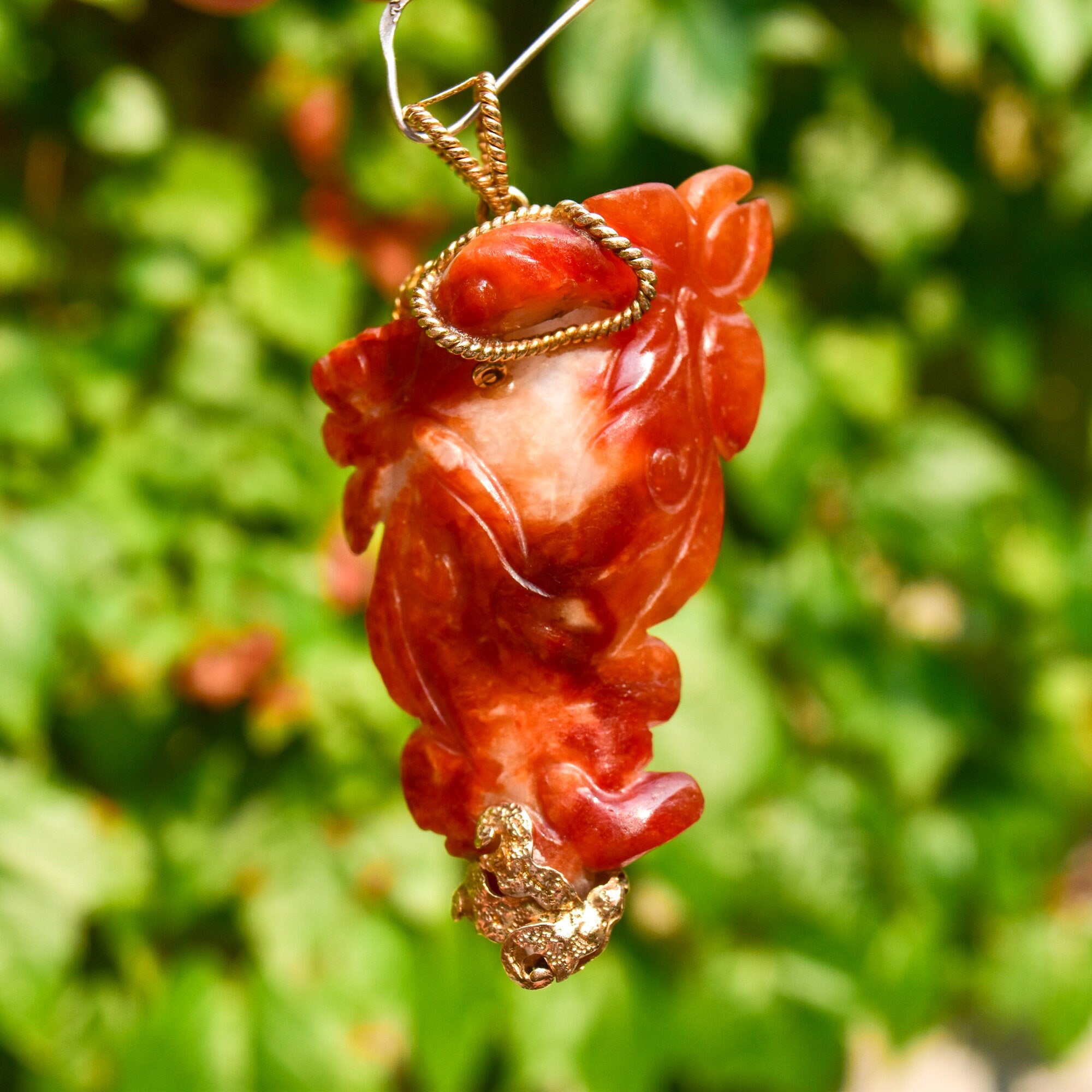 14K Carved Red Jade Buddha Pendant, Yellow Gold Wire Wrapping, Natural Jade Pendant,