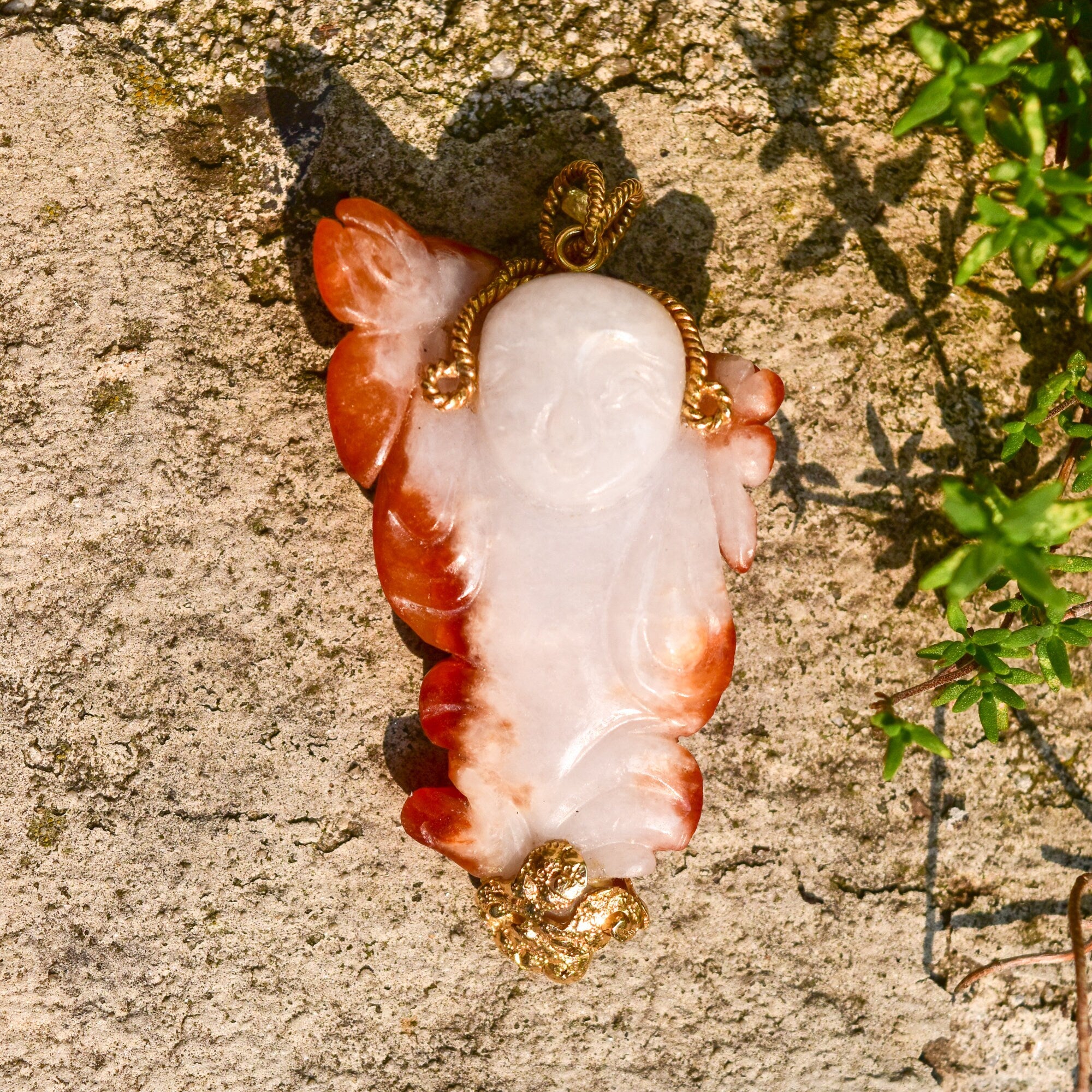 14K Carved Red Jade Buddha Pendant, Yellow Gold Wire Wrapping, Natural Jade Pendant,