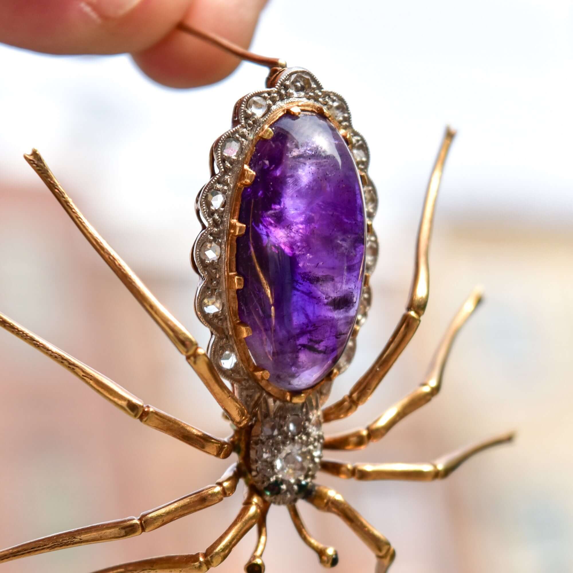 Art Deco 14K Diamond Encrusted Amethyst Spider Brooch