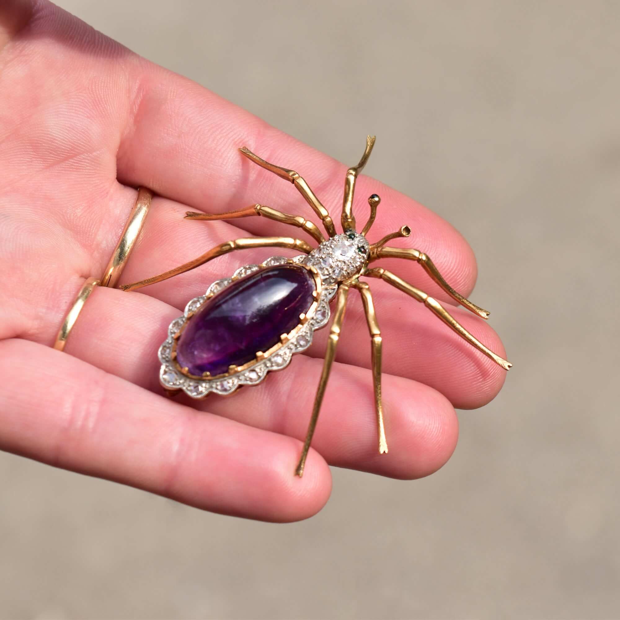 Art Deco 14K Diamond Encrusted Amethyst Spider Brooch