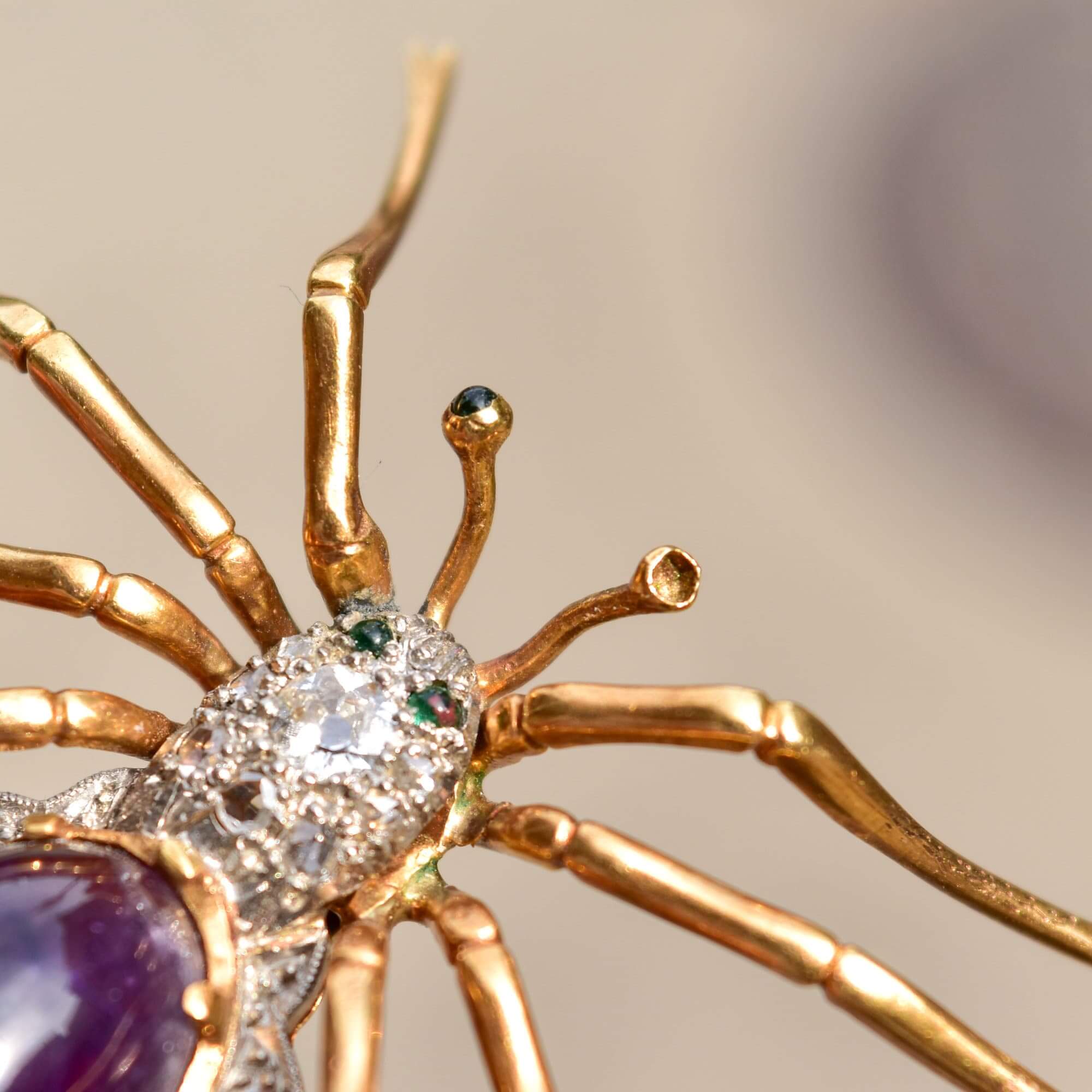 Art Deco 14K Diamond Encrusted Amethyst Spider Brooch