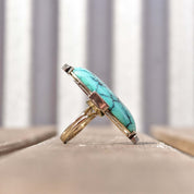 Huge Platinum Turquoise Cabochon Diamond Accent Statement Ring W/ 14K White Gold Band, Estate Jewelry, 7 1/4 US