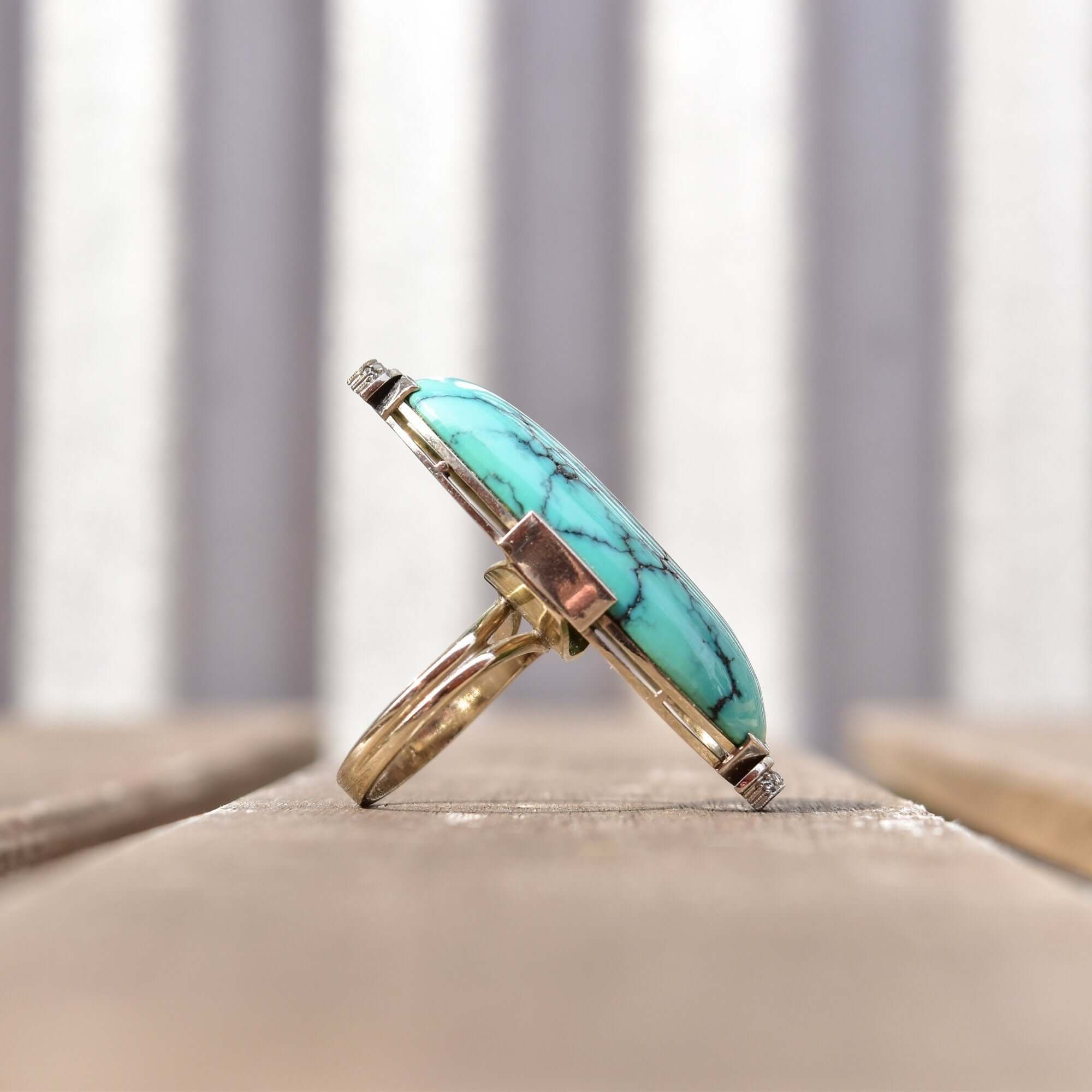 Huge Platinum Turquoise Cabochon Diamond Accent Statement Ring W/ 14K White Gold Band, Estate Jewelry, 7 1/4 US