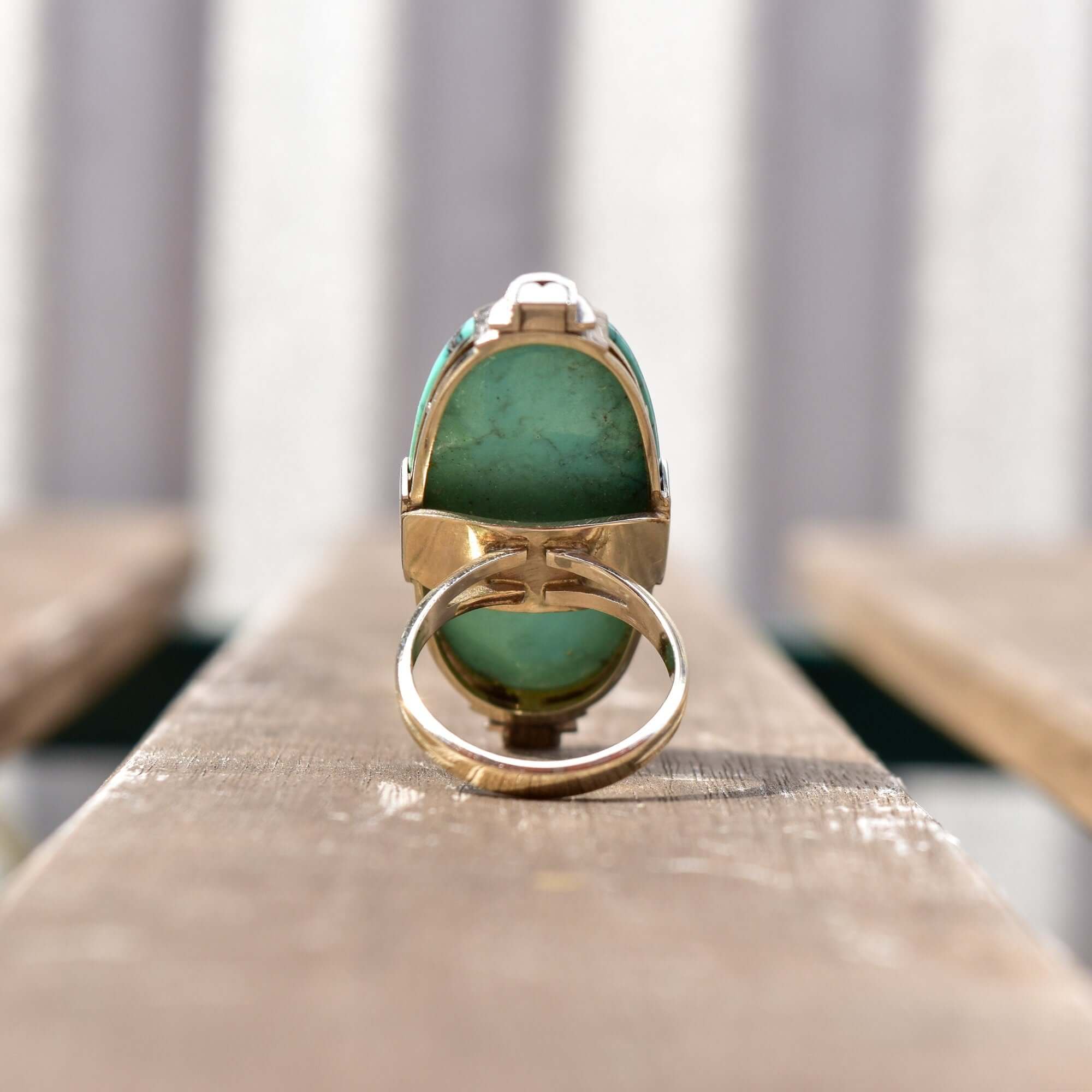 Huge Platinum Turquoise Cabochon Diamond Accent Statement Ring W/ 14K White Gold Band, Estate Jewelry, 7 1/4 US