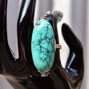 Huge Platinum Turquoise Cabochon Diamond Accent Statement Ring W/ 14K White Gold Band, Estate Jewelry, 7 1/4 US